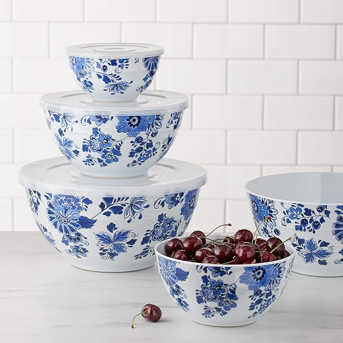 Blue and White Floral Nesting Melamine Bowls w/ Lids - 10 Pc Set