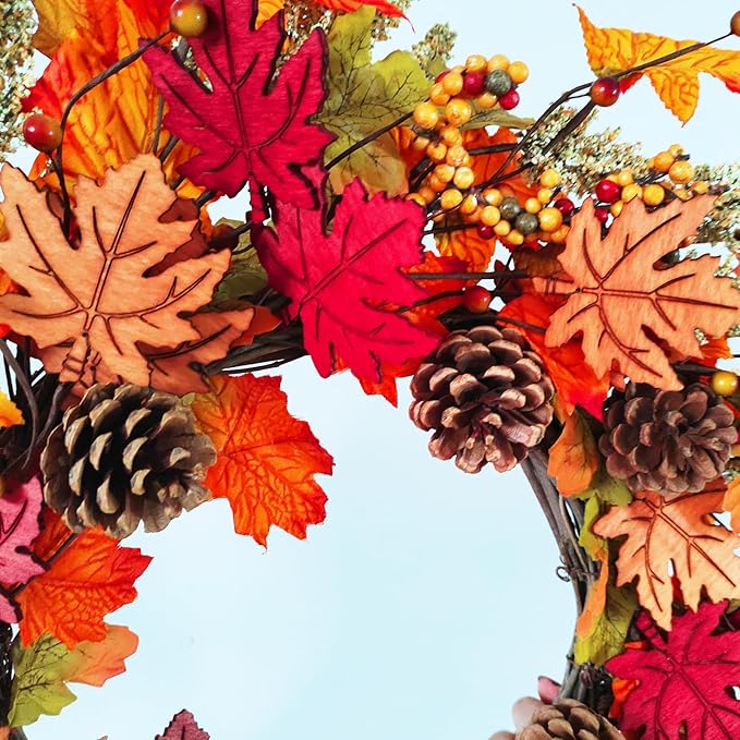 24 inch Autumn Wreath with Berry Wood, Maple Leaves and Pine Cones