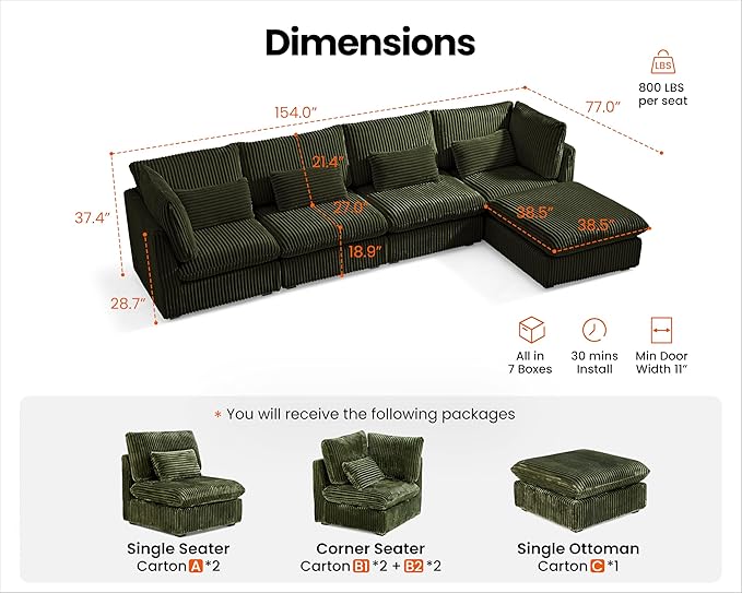 Oversized Modular Sectional with Chaise - Green Corduroy