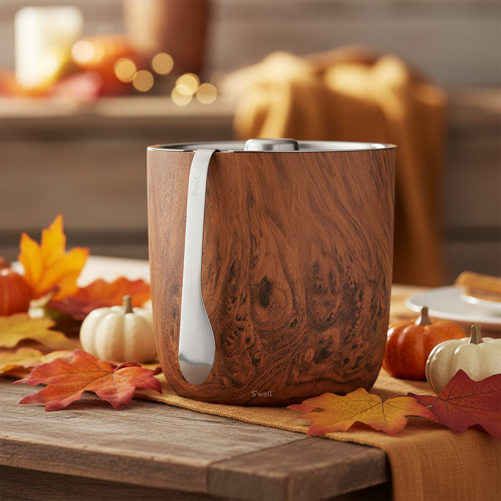 Stainless Steel Ice Bucket with Tongs - 68oz Capacity, Teakwood Finish