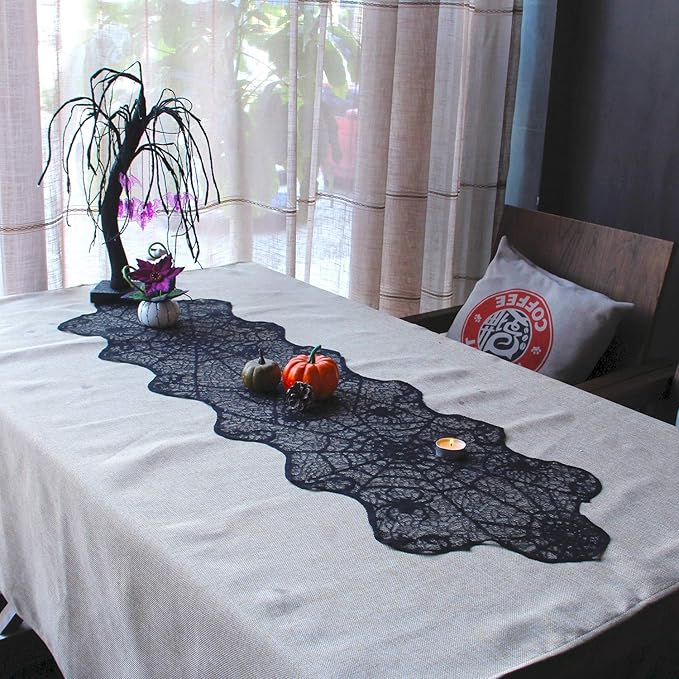 Black Spiderweb Lace Fireplace Mantle Scarf Cover/Table Cloth - 2 Piece Set