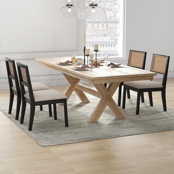 Black Rattan Dining Chairs with Upholstered Cushions - Set of 6