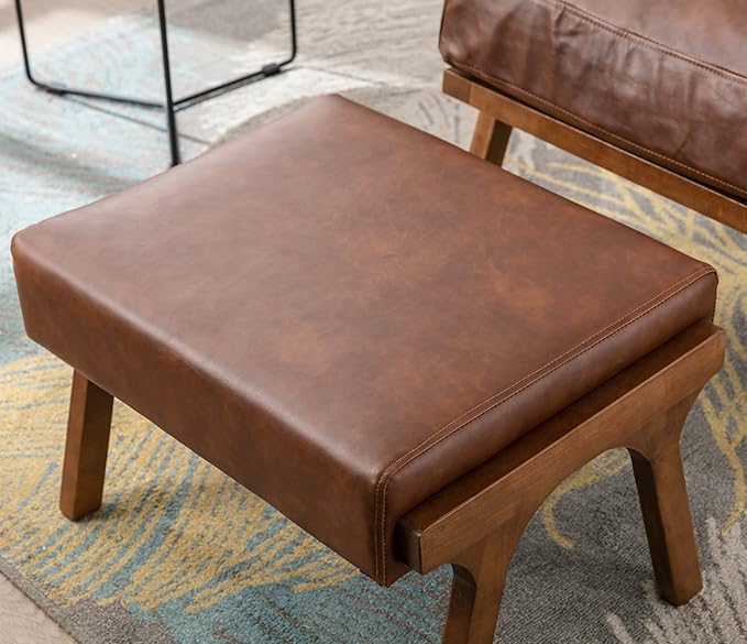 Wahson Brown Leather Mid-Century Modern Accent Chair and Ottoman Set in Faux Leather