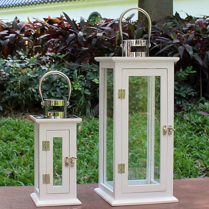 Set of 2 Wood Hurricane Candle Lanterns in White