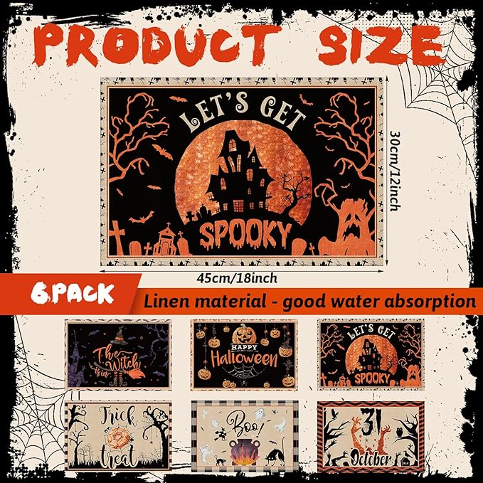 Set of 6 Vintage Halloween Washable Placemats - 12"x18"
