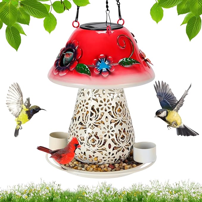 Mushroom Solar Bird Feeder - Red
