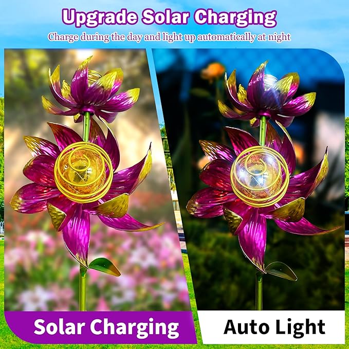 63 Inch Metal Wind Spinner with Lights - Twin Flower Design