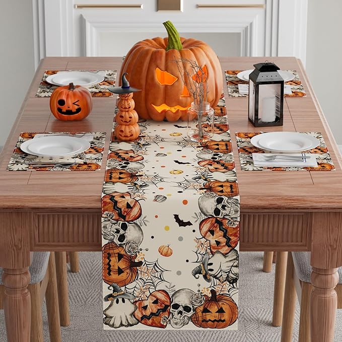 Halloween Table Runner - Skeleton Ghost Pumpkin - 13x108 Inch