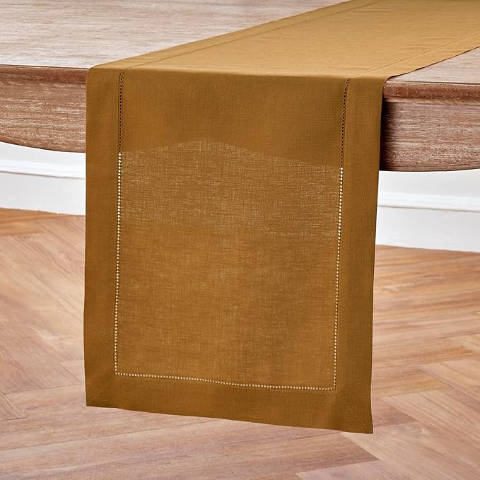 100% Pure Linen Hemstitch Table Runner in Brown Sugar - 14 x 36 Inch