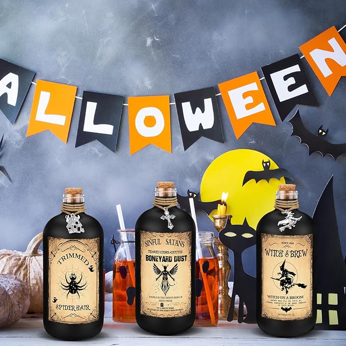 Set of 6 Halloween Potion Bottles - Black, 8.5 oz