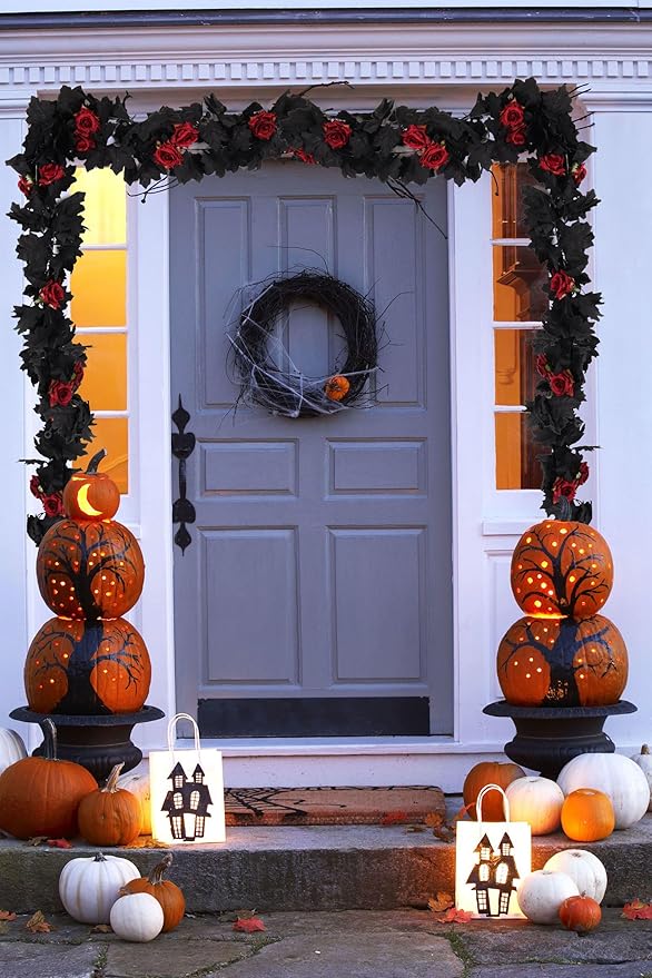 Creepy Halloween Garland with Black Leaves and Blood Red Roses - 2 Pieces, 5.7 Ft