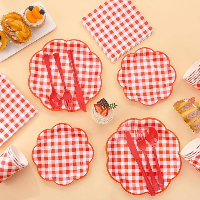 350 Pcs Red Gingham Plates and Napkins Party Supplies