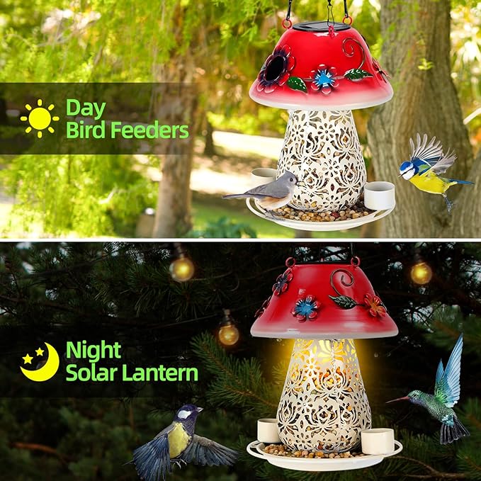 Mushroom Solar Bird Feeder - Red