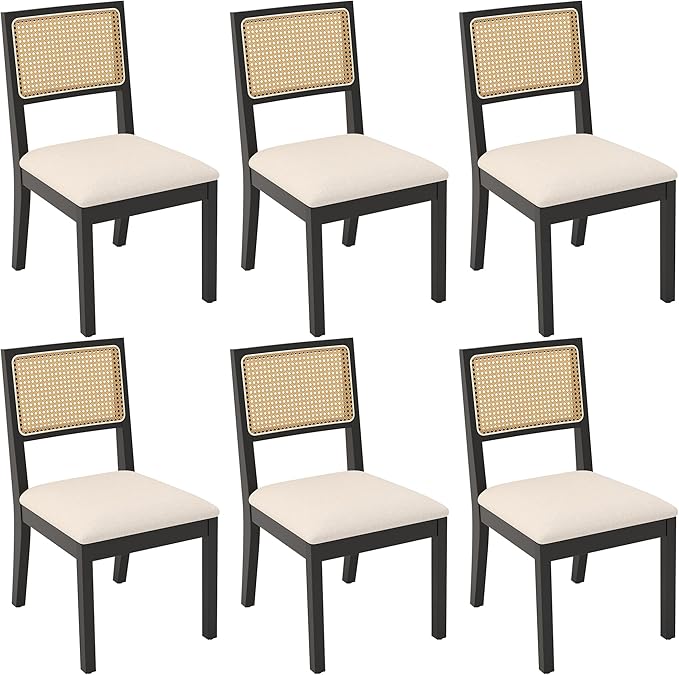 Black Rattan Dining Chairs with Upholstered Cushions - Set of 6