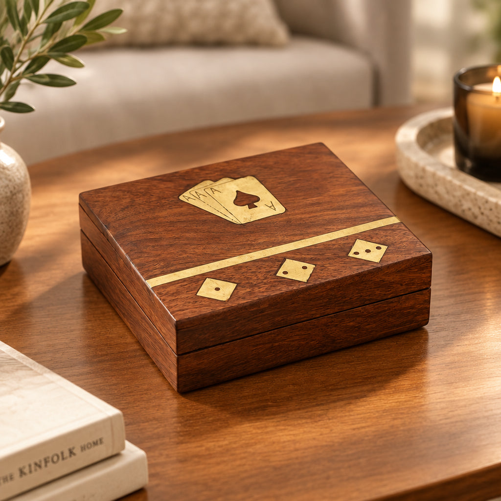 Handcrafted Game Night Box With Wooden Dice & Set of Playing Cards