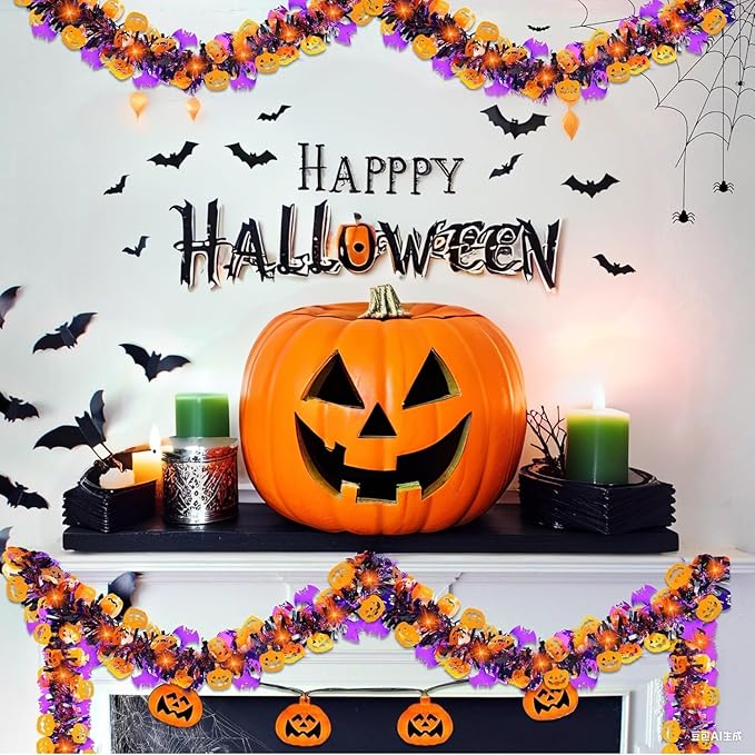 50 Ft Halloween Tinsel Garland - Pumpkins & Bats, Orange/Purple/Black