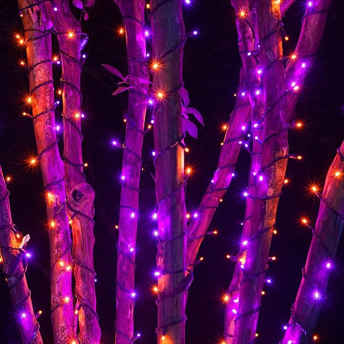 Halloween 300 LED String Lights with 8 Lighting Modes - Indoor/Outdoor, Orange + Purple