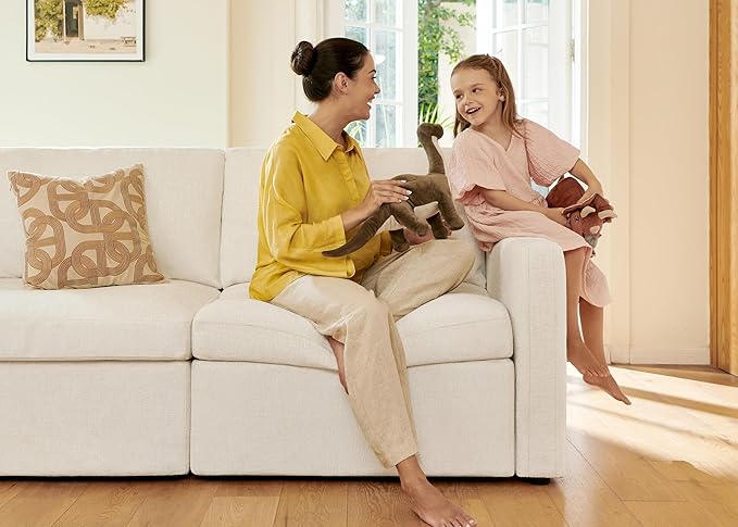 Modular Sectional Sofa with Storage Ottoman - Beige Chenille