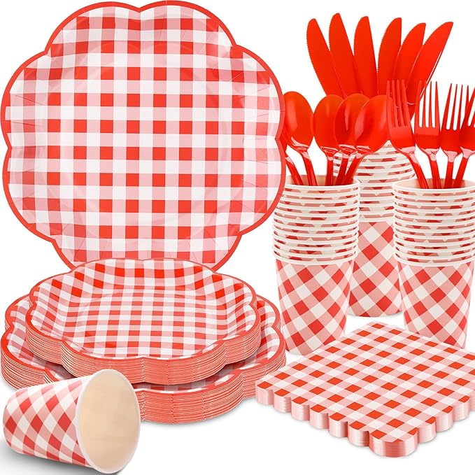175 Pcs Red Gingham Plates and Napkins Party Supplies - Serve 25 Guests