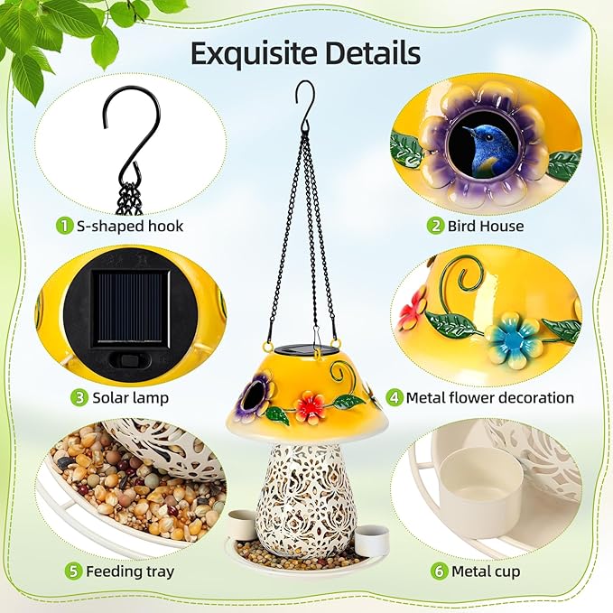 Mushroom Solar Hanging Metal Wild Bird Feeder