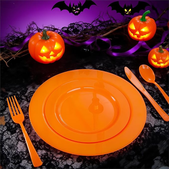 Set of 60 Heavy Duty Orange Plastic Plates Disposable for Halloween & Thanksgiving Parties - Serves 30 Guests