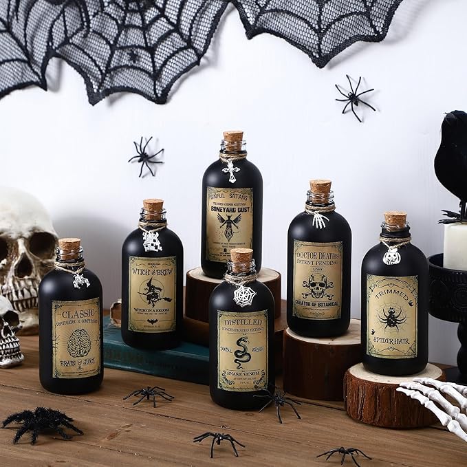 Set of 6 Halloween Potion Bottles - Black, 8.5 oz