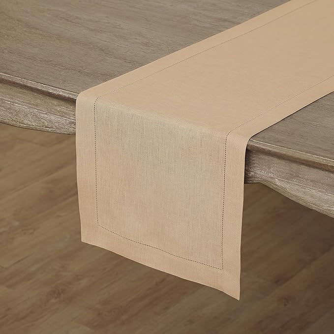 100% Pure Linen Hemstitch Table Runner - 14 x 72 Inch, Beige