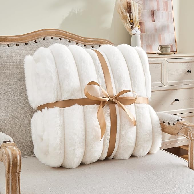 Super Soft and Cozy Faux Rabbit Fur Throw Blanket - Cream, 60 x 80 inch