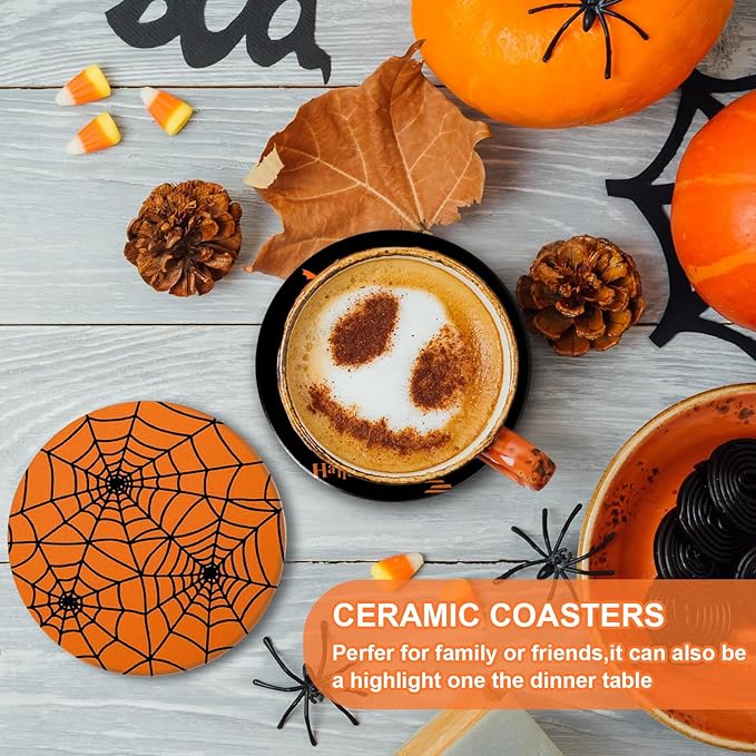 Set of 4 Orange/Black Halloween Ceramic Coasters