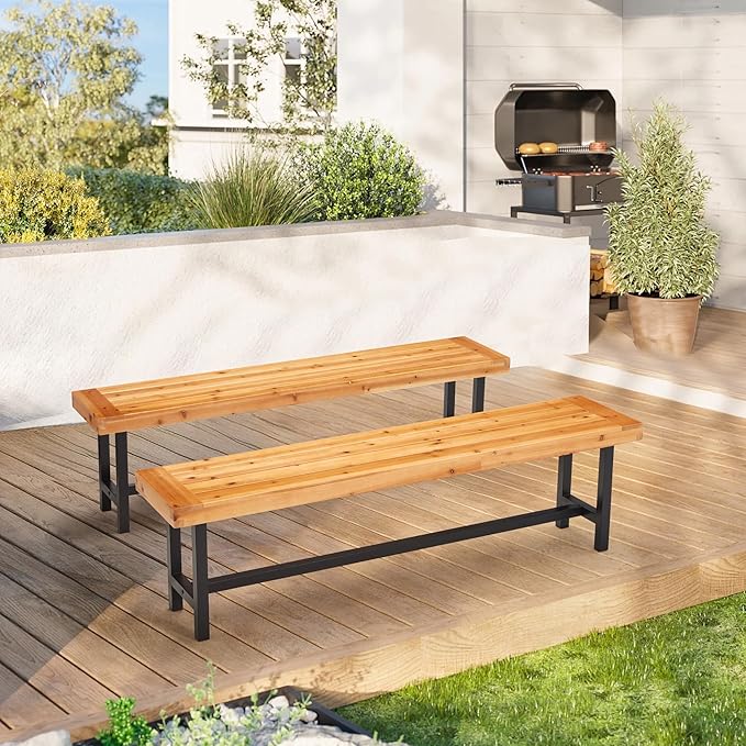 Set of 2 Indoor/Outdoor Benches - Natural Firwood with Black Metal Base