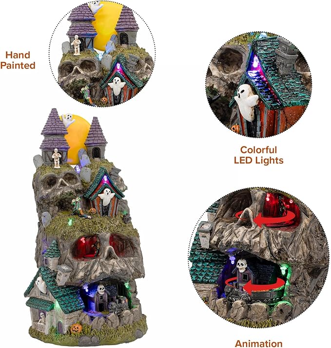 Skullstone Hollow Skull - Spooky Halloween Village - Multi-Color LED Lights, Animated Motion and Music - 7.75" x 7.5" x 13.5"