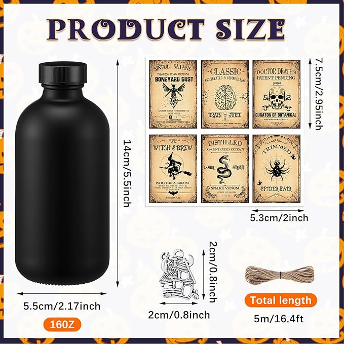 Set of 6 Halloween Potion Bottles - Black, 8.5 oz