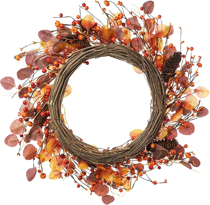 22 inch Fall Berry Wreath with Purple Eucalyptus and Pine Cones