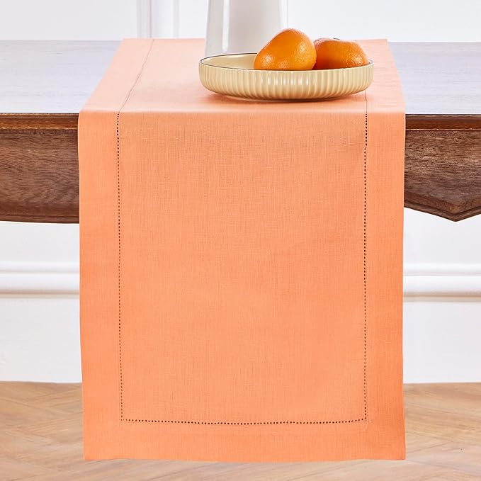 100% Pure Linen Hemstitch Table Runner 14 x 72 Inch - Canteloupe