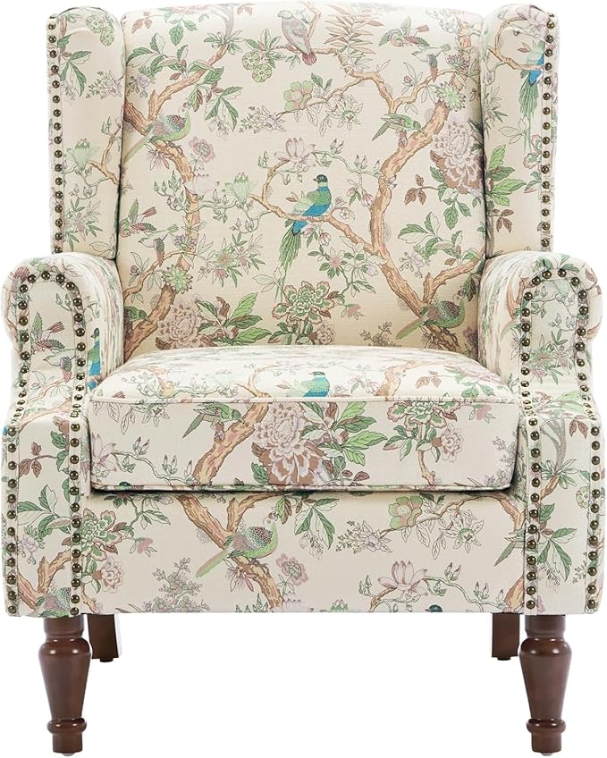 Retro Printed Wingback Arm Chair - Bird Pattern