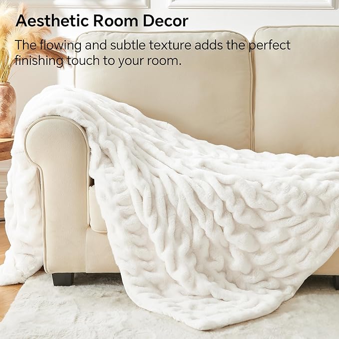 Soft and Cozy Ruched Faux Rabbit Fur Blanket - Cream, 50 x 60 inch