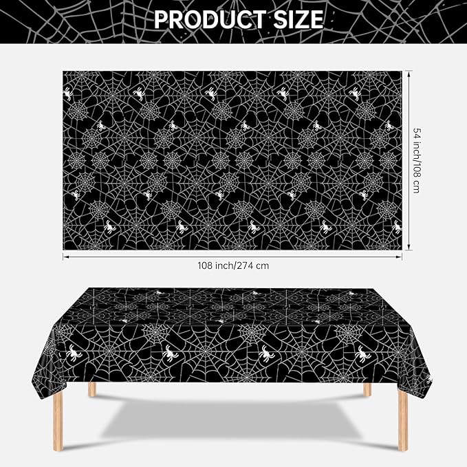 Set of 2 Disposable Halloween Tablecloths - Spider Webs - Black, 108 x 54 Inch