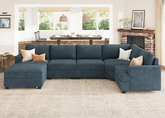 Nolany Sectional Sofa with Storage Ottoman in Blue Corduroy