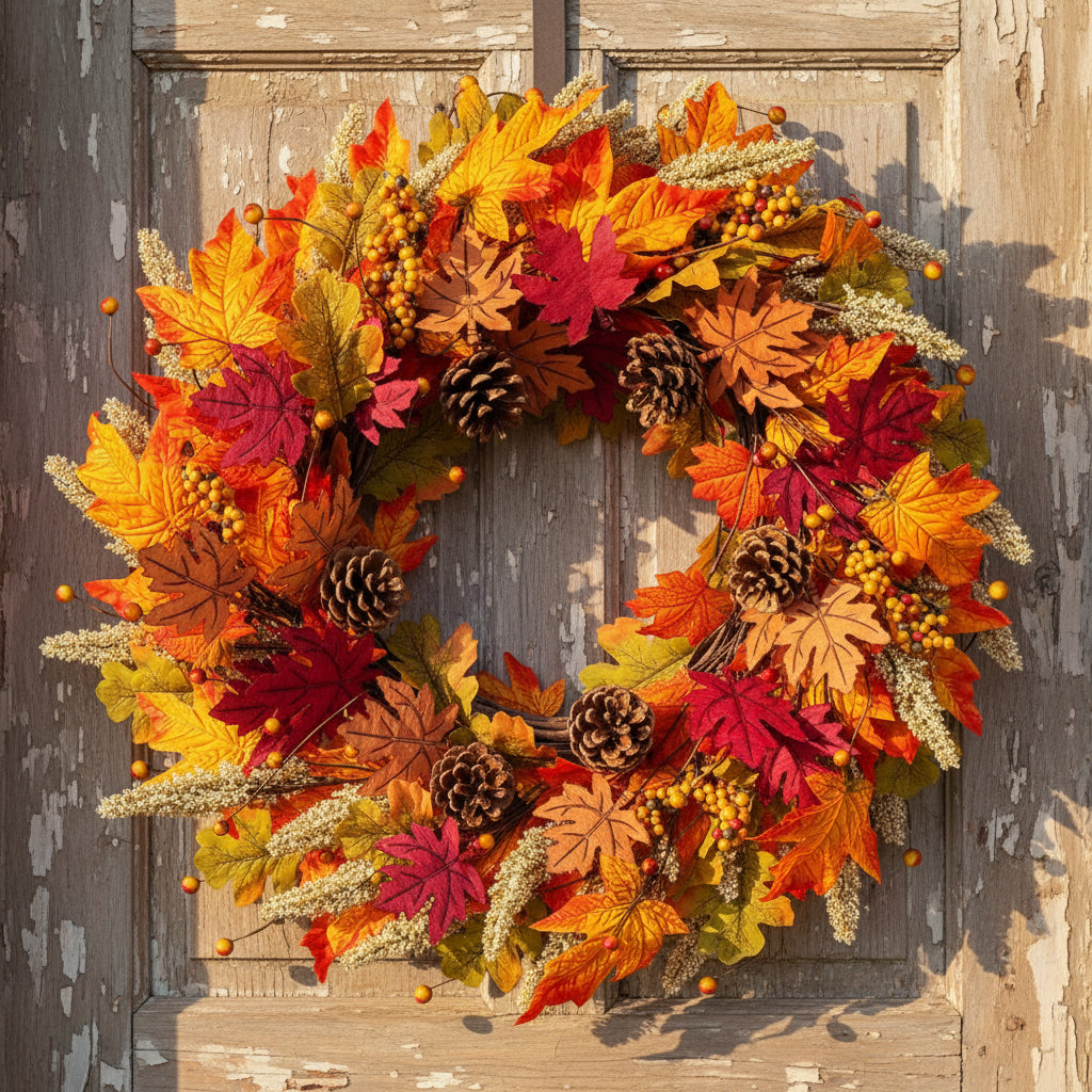 24 inch Autumn Wreath with Berry Wood, Maple Leaves and Pine Cones