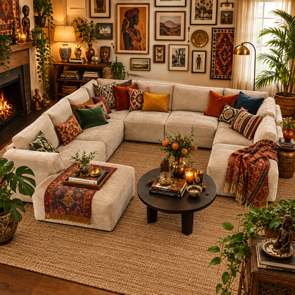 8-Seater Comfy Cloud Modular with One Movable Ottoman in Beige Corduroy