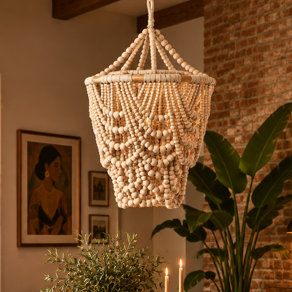 Natural Wood Beaded 26 in. Chandelier