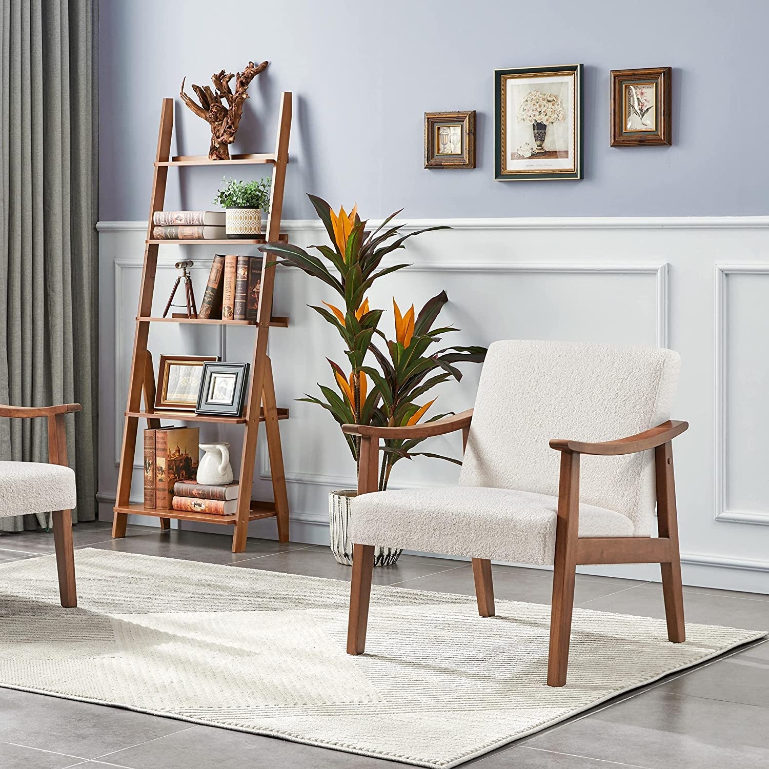 Boucle Accent Chair With Wooden Legs in Ivory