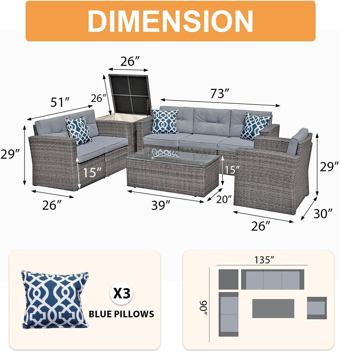5 Piece Wicker Patio Conversation Set with Storage Box - Dusty Blue