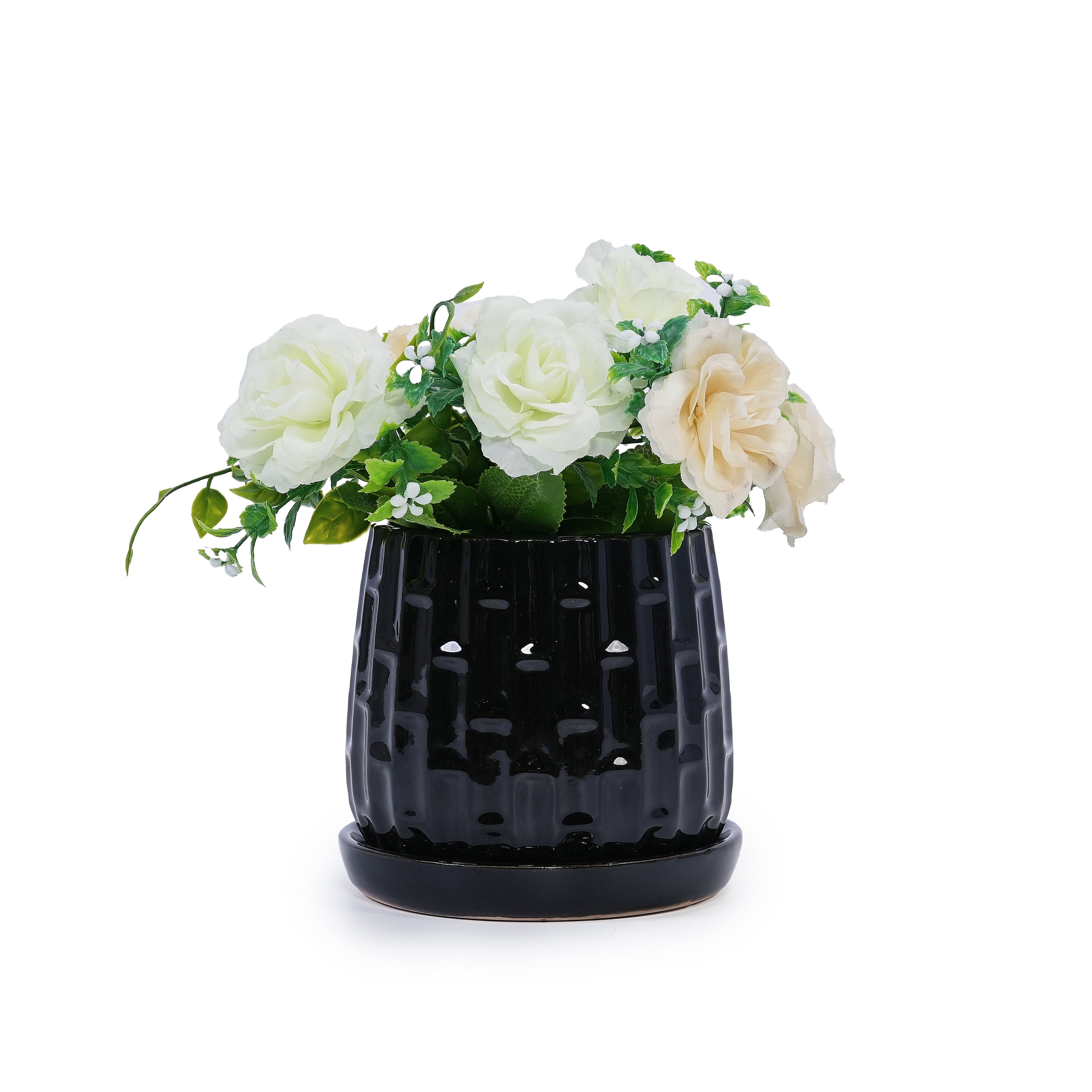 Set of 2 Patterned Ceramic Flowerpots - Black