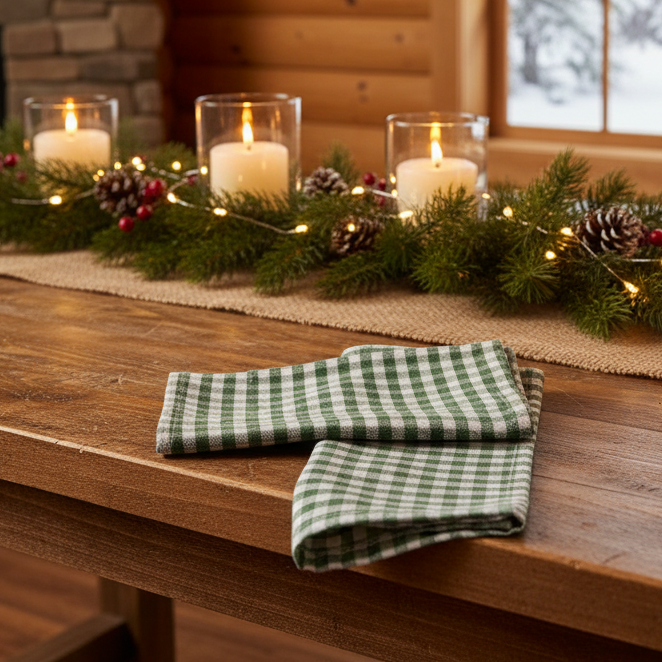 Set of 2 Handwoven Organic Cotton Dinner Napkins | Olive Gingham