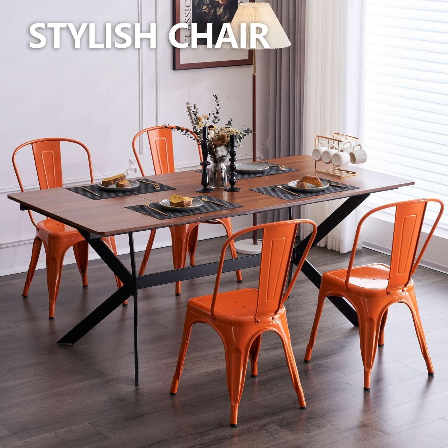 Set of 4 Stackable Indoor/Outdoor Metal Dining Chairs - Orange