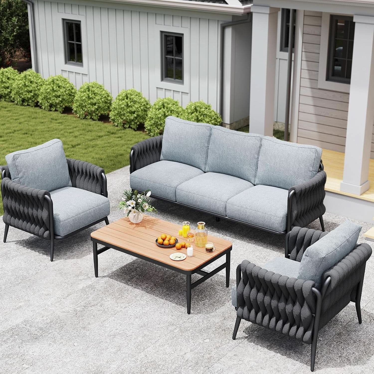 Modern Outdoor Patio Furniture Set with Waterproof Cushions - Black/Gray