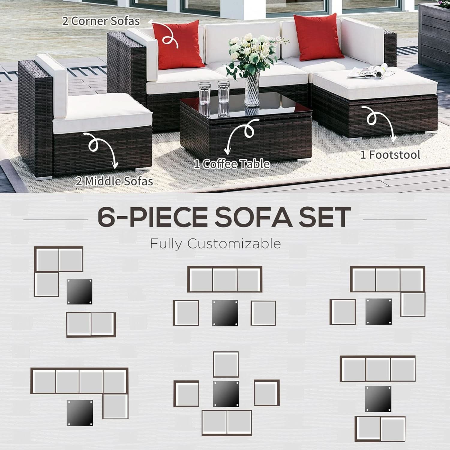 6 Piece Wicker Modular Sectional Set with Ottoman - Espresso/Cream