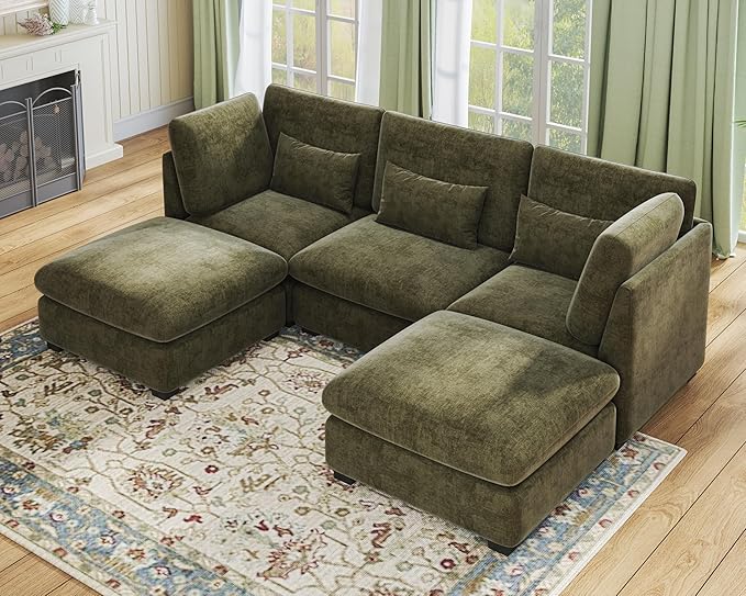 Oversized Extra Deep Cloud Chenille Modular Sectional Couch with Double Chaise in Olive Green