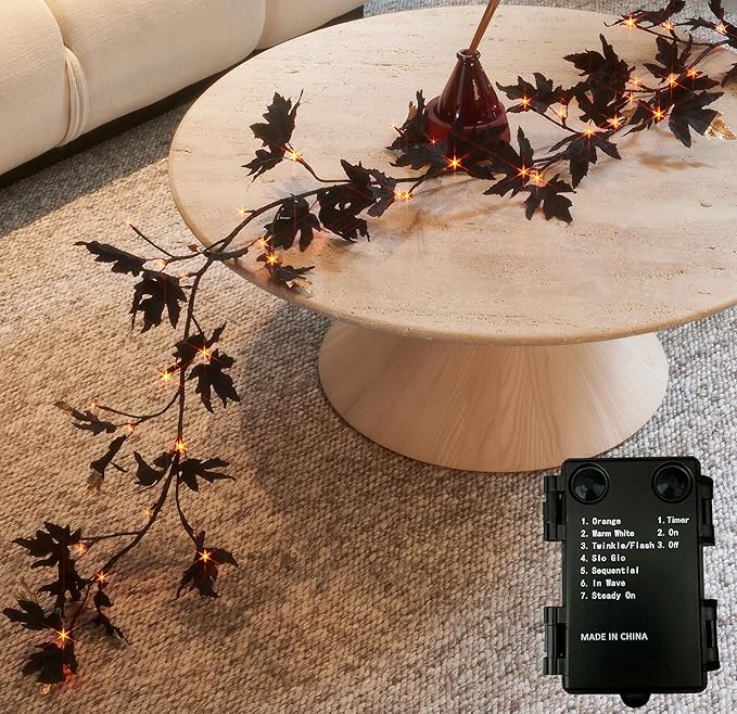 Halloween Black Maple Garland with Lights & Timer